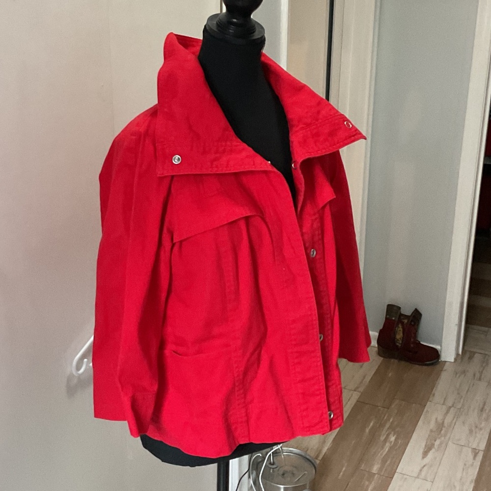 P490. Women's Red Utility Jacket with Stand Collar and Snap Closure